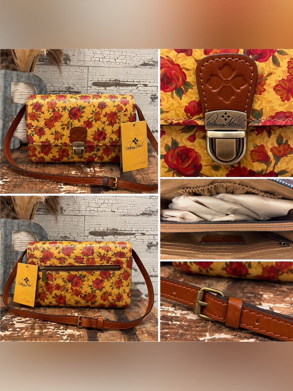 Patricia Nash Laurentina Yellow Floral Leather Crossbody with Brown Trim